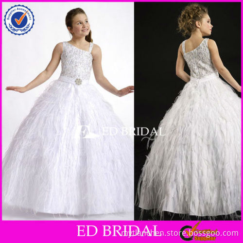2013 New Arrival Spaghetti Straps Beaded bodice Ostrich Feather Skirt Organza Long flower girl dress